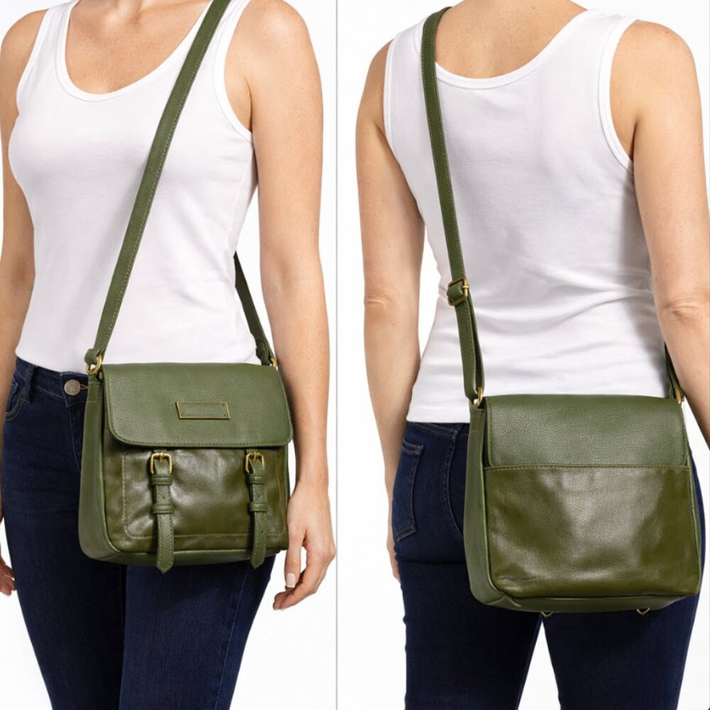 Tignanello Olive Green Leather Crossbody Bag Flap Buckle